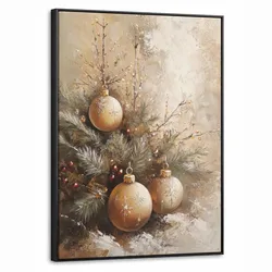 LEINWAND Bilder mit Rahmen - Weihnachten - Kugeln - Beige - Gold - 60x80