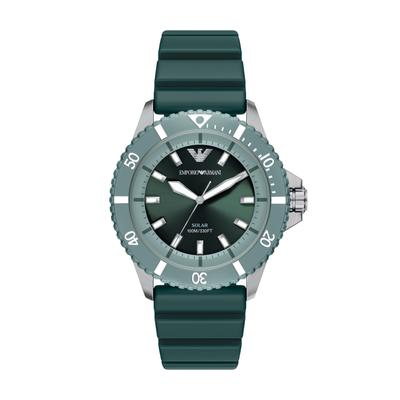 Solaruhr EMPORIO ARMANI "WORLD EXPLORER", grün (grün, petrol, grün), Armbanduhren, Herren, edelstahlfarben-grün, Armbanduhr, Herrenuhr, Silikonarmband, analog