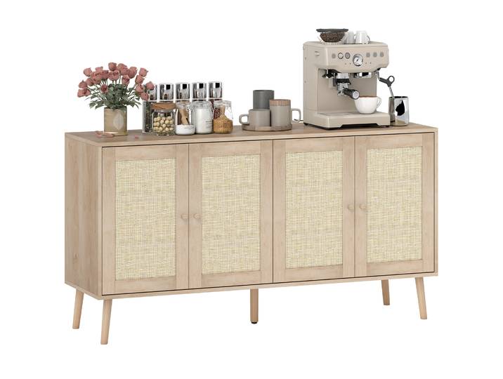 HOMCOM Buffet salon meuble de rangement avec placards à portes en cannage et étagère réglable, pour salon, salle à manger, dim.