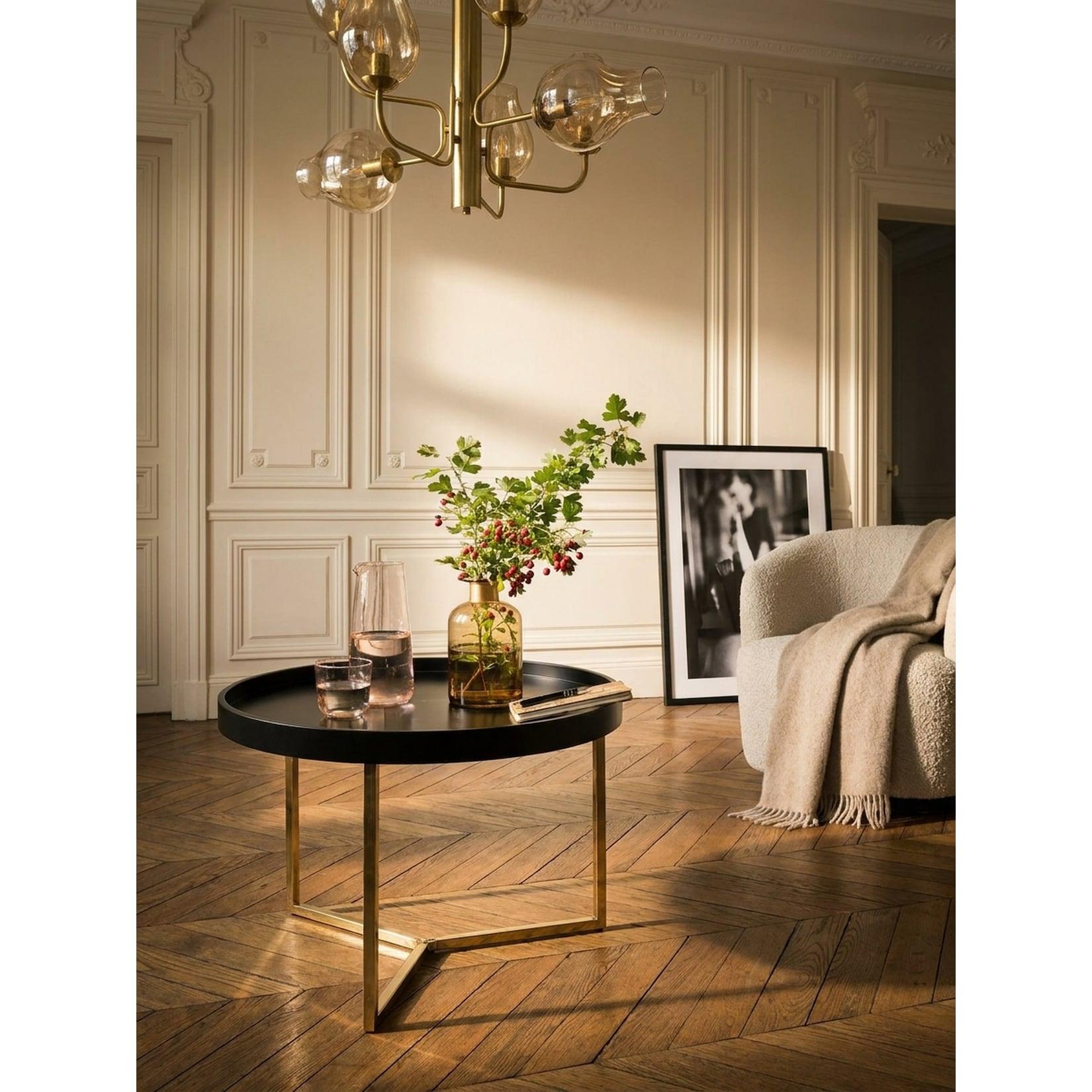 Couchtisch Metall Rund, Retro Design, Modern mit Holzplatte, Schwarz 58x58x42 cm