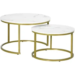 MODFU Couchtisch 2er Set rund Weiß+Gold 74x74x46 cm stapelbar mit Marmoroptik Tischplatten, Stahlgestell, verstellbare Füße, platzsparend