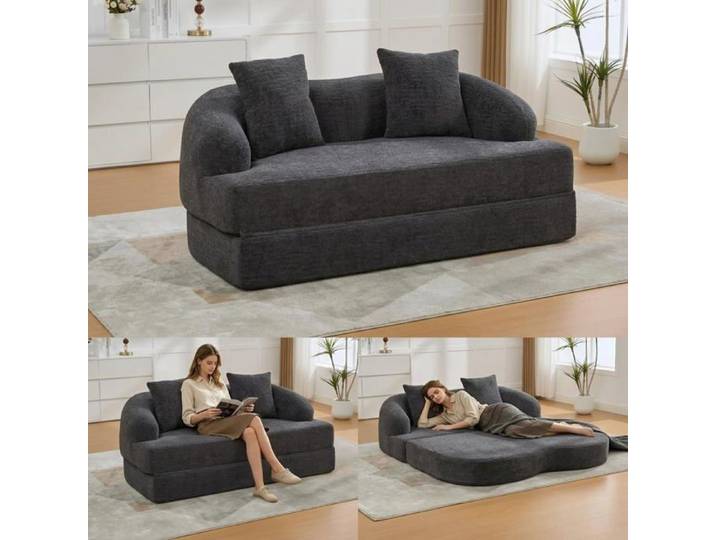 Canapé Convertible 2 Places Canapé Lit Moderne Velours Chenille avec 2 Coussins Clic-Clac Compressé Escamotable Gris Foncé