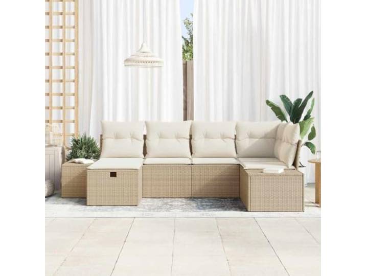 KTHLBRH Modulares Sofa-Set, 6-teilig, Polyrattan, Beige Eckbank mit Sitzsack, wasserdicht, Kissen abnehmbar, für Garten und Terrasse