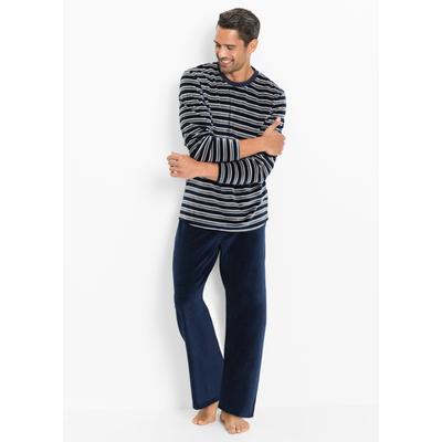 Pyjama BONPRIX, Herren, Gr. 56/58 (XL), blau (dunkelblau gestreift), Obermaterial: 80% Baumwolle, 20% Polyester, Homewear-Sets Pyjama, aus Nicki-Material, lockere Passform, mit breitem Komfortbund