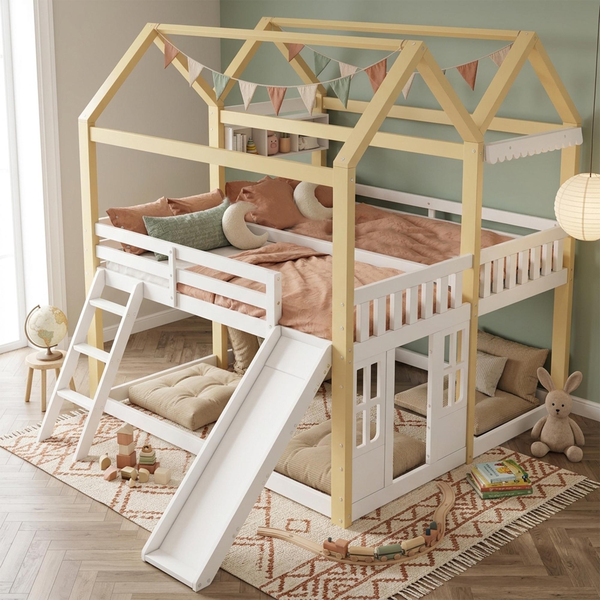 Merax Hochbett Etagenbett 90×200cm mit Rutsche und Leiter, Hausbett mit Tür-Design, links/rechts montierbar, Kinderbett mit Spielbereich, Weiß