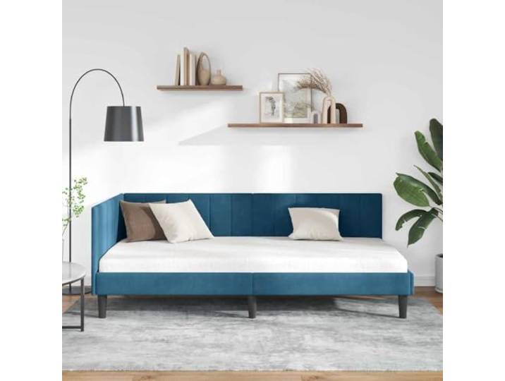KTHLBRH Eck-Bettrahmen blau 90 x 190 cm Samt Platzsparende L-Form, umkehrbares Kopfteil, fester Lattenrost, Unterstützung 140 kg