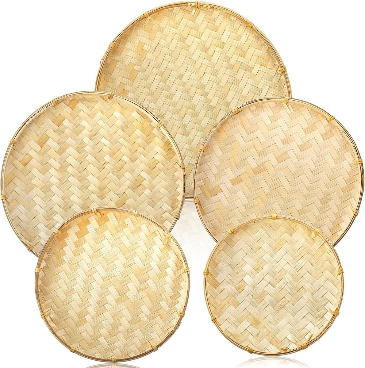 Set van 5 handgeweven ronde bamboe dienbladen in natuurlijke kleur
