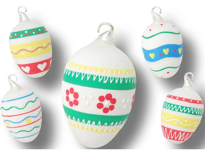 Osterei KREBS GLAS LAUSCHA buntes, verspieltes Design, Frühling, Osterdekoration , bunt (weiß, grün, gelb, rot, blau), Glas, Dekofiguren, Osterei, Mundgeblasenes und handbemaltes Glas, Made in Germany