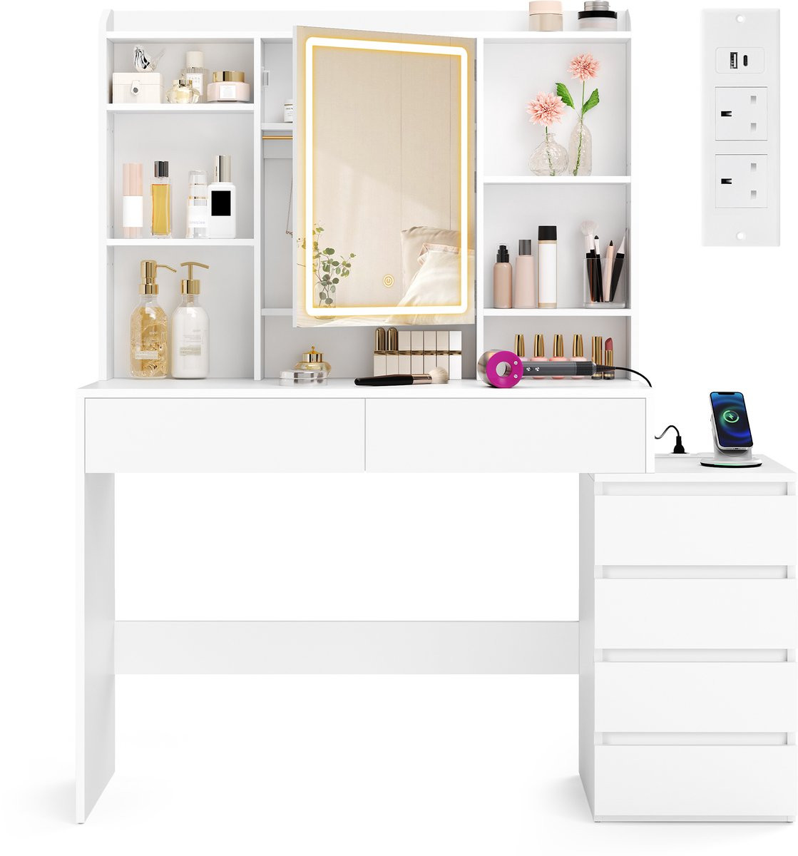 VASAGLE Kaptafel met oplaadstation, spiegel met LED-verlichting en lades
