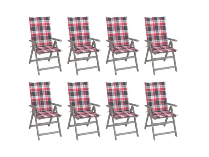 KUTYWEXFM Gartenstuhl Set 8er, Akazie Hochlehner Verstellbar Grau Gemütliche Sitzgruppe für Terrasse und Balkon mit weichen Karopolstern sowie 5-fach neigbarer Rückenlehne.