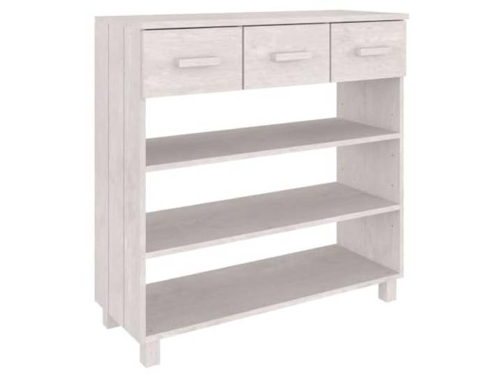 GKHPYURE Konsolentisch weiß 90 x 35 x 90 cm Massivholz Kiefer 3 Fächer und 3 Schubladen, Holzgriffe, Tischplatte für Dekorationen und Pflanzen, Wandbefestigung inklusive