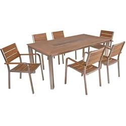 Garden Pleasure Gartenmöbel Set FLORENCE 10, Tisch 150 x 90 + 6 Stapelsessel, Aluminium / Nonwood