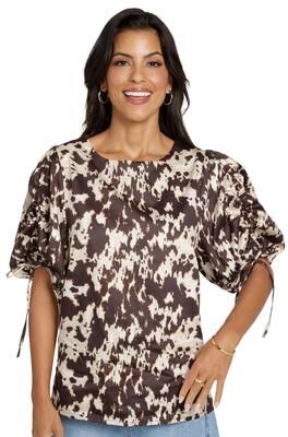 Masseys In-a-Cinch Puff Sleeve Top Casual in Brown/Cow, Size 1X, Cotton/Viscose