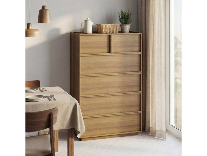 Commode haute moderne 80x48x127 cm-6 grands tiroirs sans poignées-glissières métalliques silencieuses-anti-basculement-effet chêne