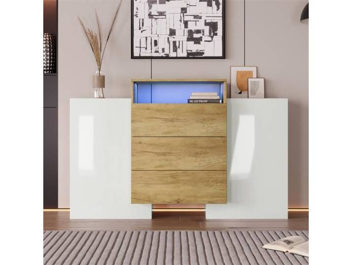 Buffet moderne - Sideboard - 140x30x77 5cm - Blanc brillant - Bois lumineux - LED multicolores