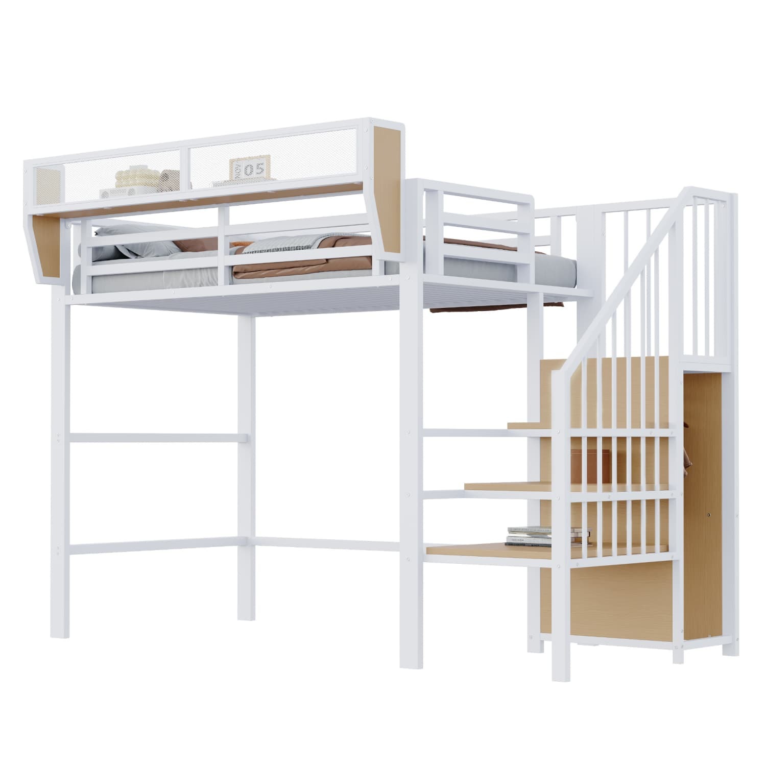 Hochbett(Weiß)mit Sicherheitsleiter und flexiblem Staufach, Metallbett Erwachsenenbett Kinder-Etagenbett