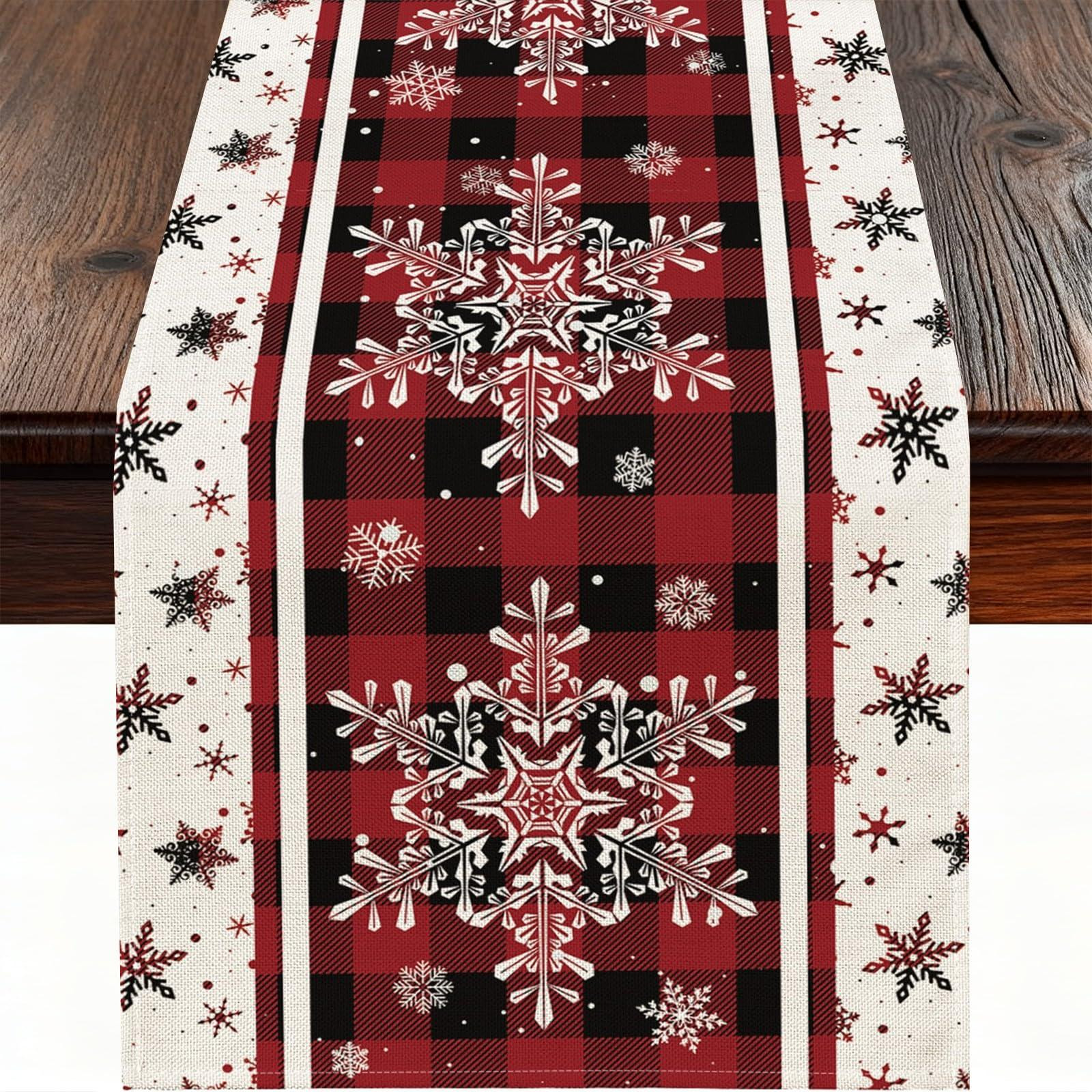 Dripio Kersttafelkleed met sneeuwvlokken, linnen, rood, 228 cm