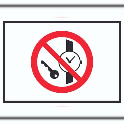 HB-Druck Mitführen von Metallteilen und Uhren verboten Symbol Schild A6 (105x148mm)