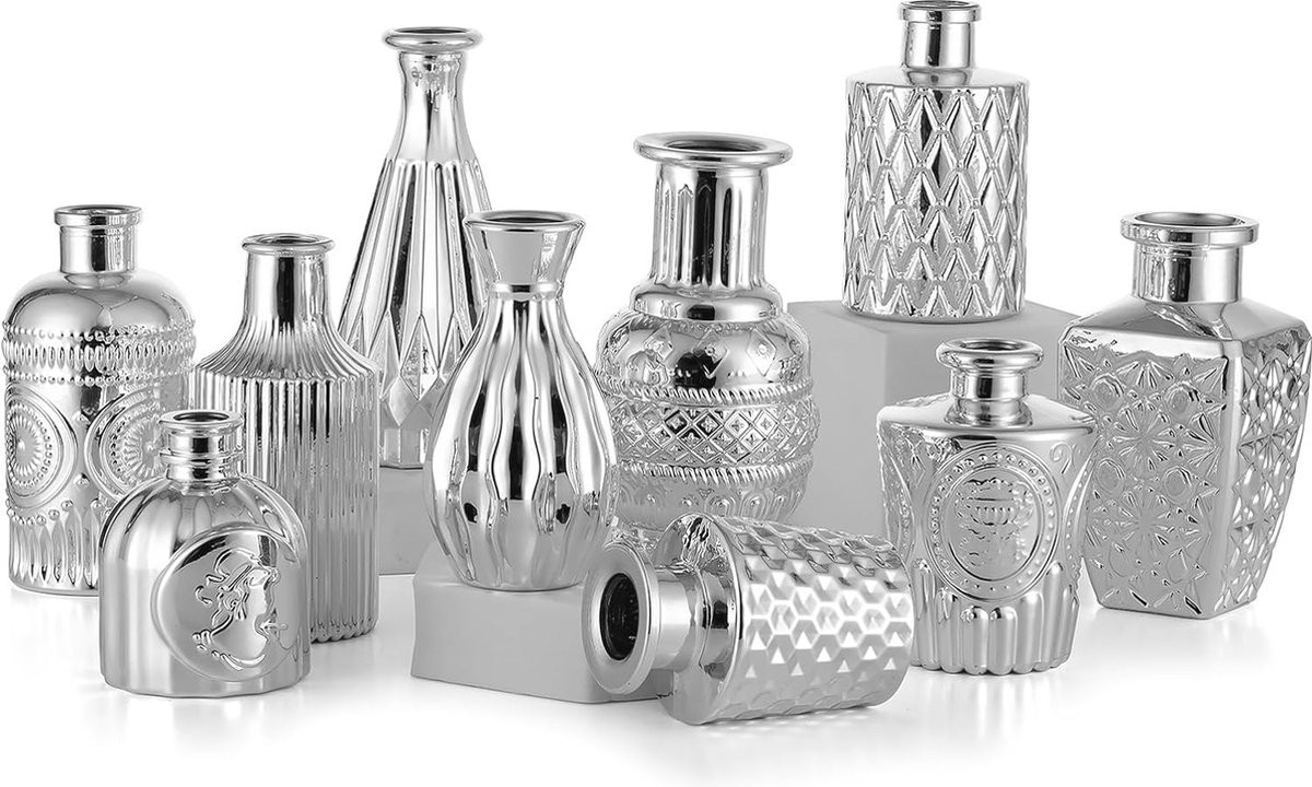 Set van 10 zilveren glazen bloemenvazen voor tafeldecoratie