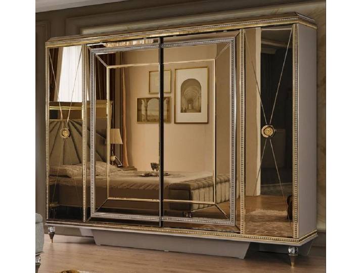 Xlmoebel Kleiderschrank Eleganter Schrank mit goldenen Akzenten und Spiegelfronten (Kleiderschrank) Hergestellt in Europa