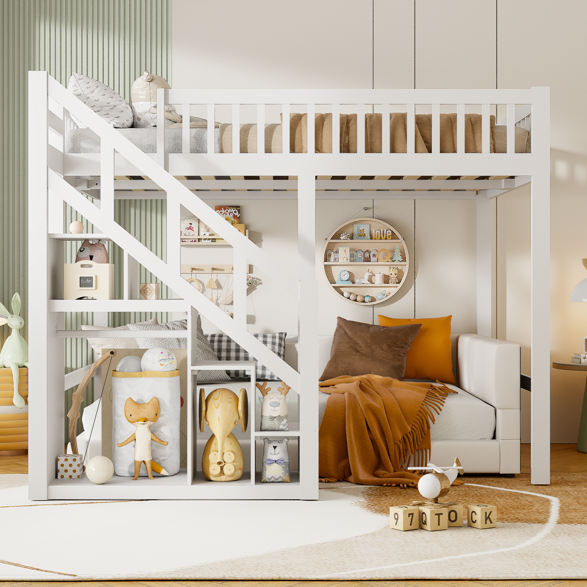 Hochbett 140 x 200 cm, multifunktionales Kinderbett mit Stauraum und Treppe, Weiß