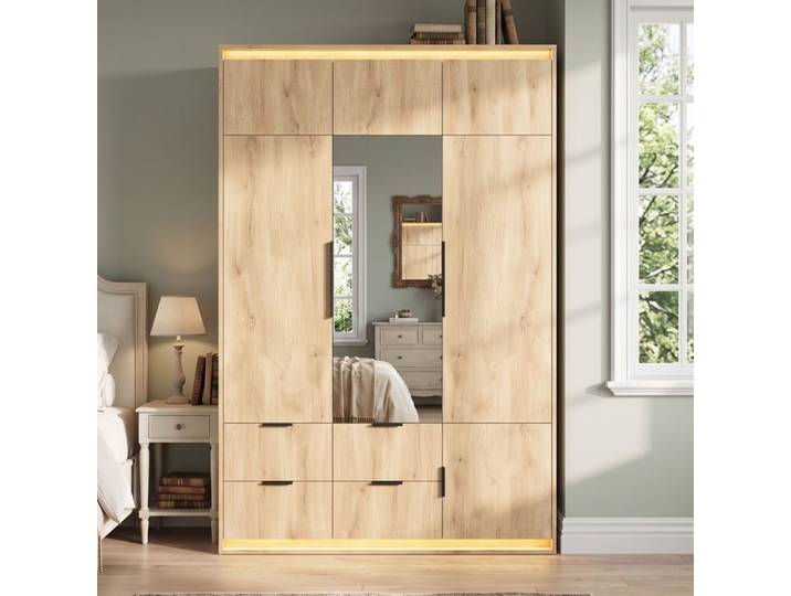 Armoire Chambre Penderie avec 3 Portes-Armoire Dressing chêne avec Miroir-LED et 4 Tiroirs-Armoires de Rangement pour Adulte Enfant