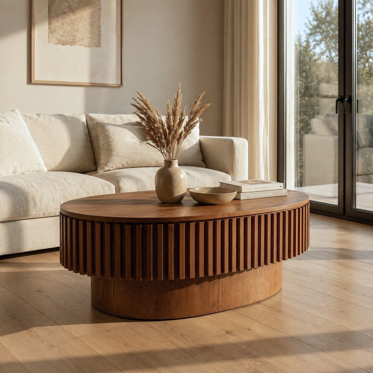 KOMHTOM Ovale geribbelde salontafel met verborgen opbergruimte, moderne cocktailtafel van massief hout met fineer, Walnoot, Breedte: 98 cm, Hoogte: 60 cm, Diepte: 35 cm