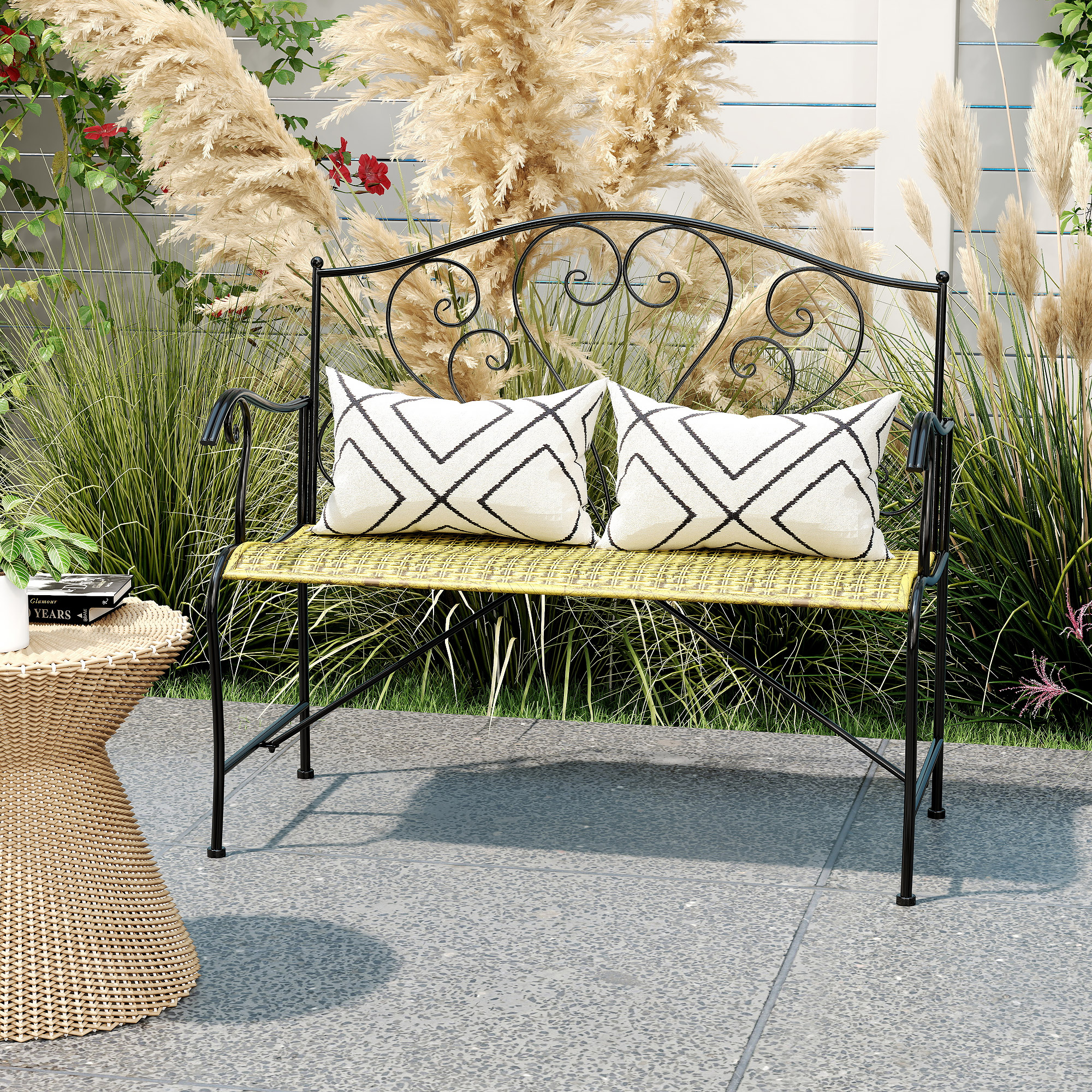 Outsunny Panchina in Ferro da Giardino , Panca da Esterno in Stile Vintage 2 Posti, 100x 50x88cm, Nero Aosom