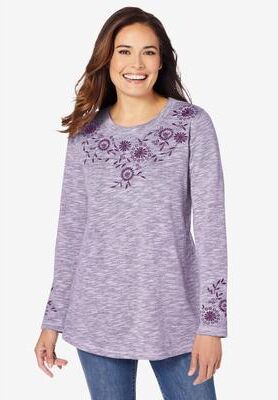 Plus Size Women's Floral Embroidered Sweatshirt Tee by Woman Within in Radiant Purple Marled Embroidery (Size 2X)