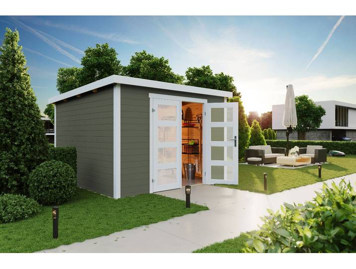 Gartenhaus NORDIC HOLZ Zambezi 6 , grün (grüngrau), ohne Fußboden, ohne Dacheindeckung, Massivholz, Gartenhäuser, Gartenhaus, mit Milchglasverglasung