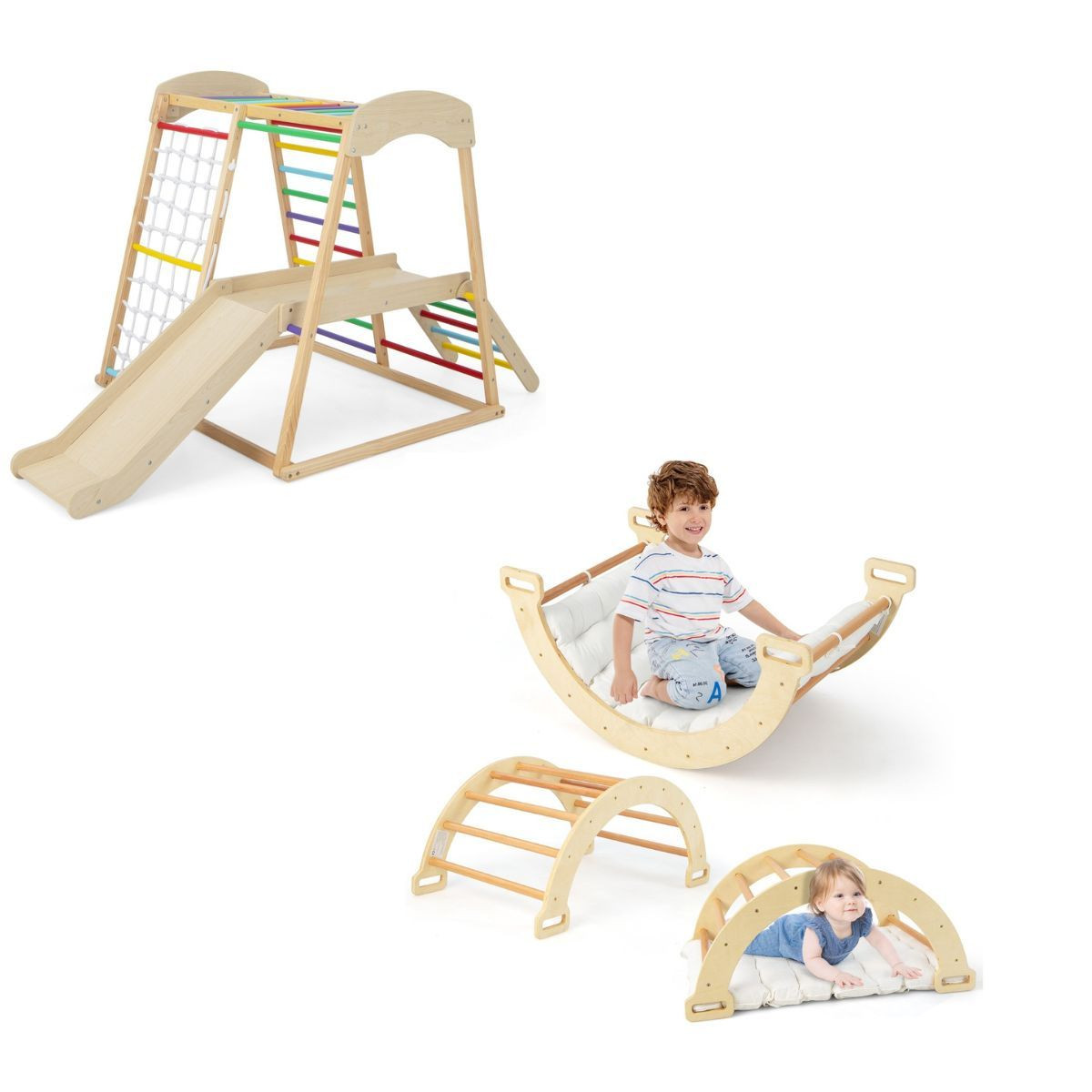Costway 6-in-1 Houten Speelpark voor Kinderen met Boogschommel en Klimrek