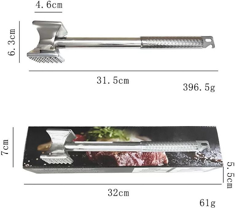 INF 304 Edelstahl Fleischklopfer - Doppelseitiger Hammer für Steak, Rind und Schwein