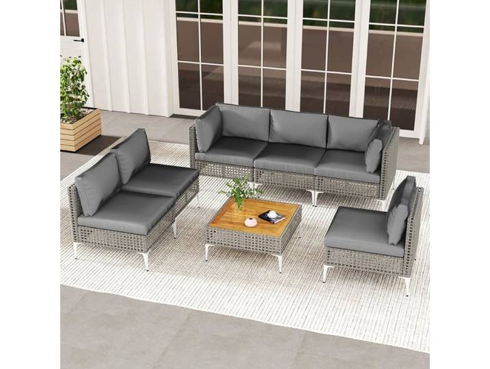 COSTWAY Ensemble 7 Pièces Table et Chaises de Jardin Extérieur avec Coussins Table en Bois d'Acacia Housses de Coussin Amovibles