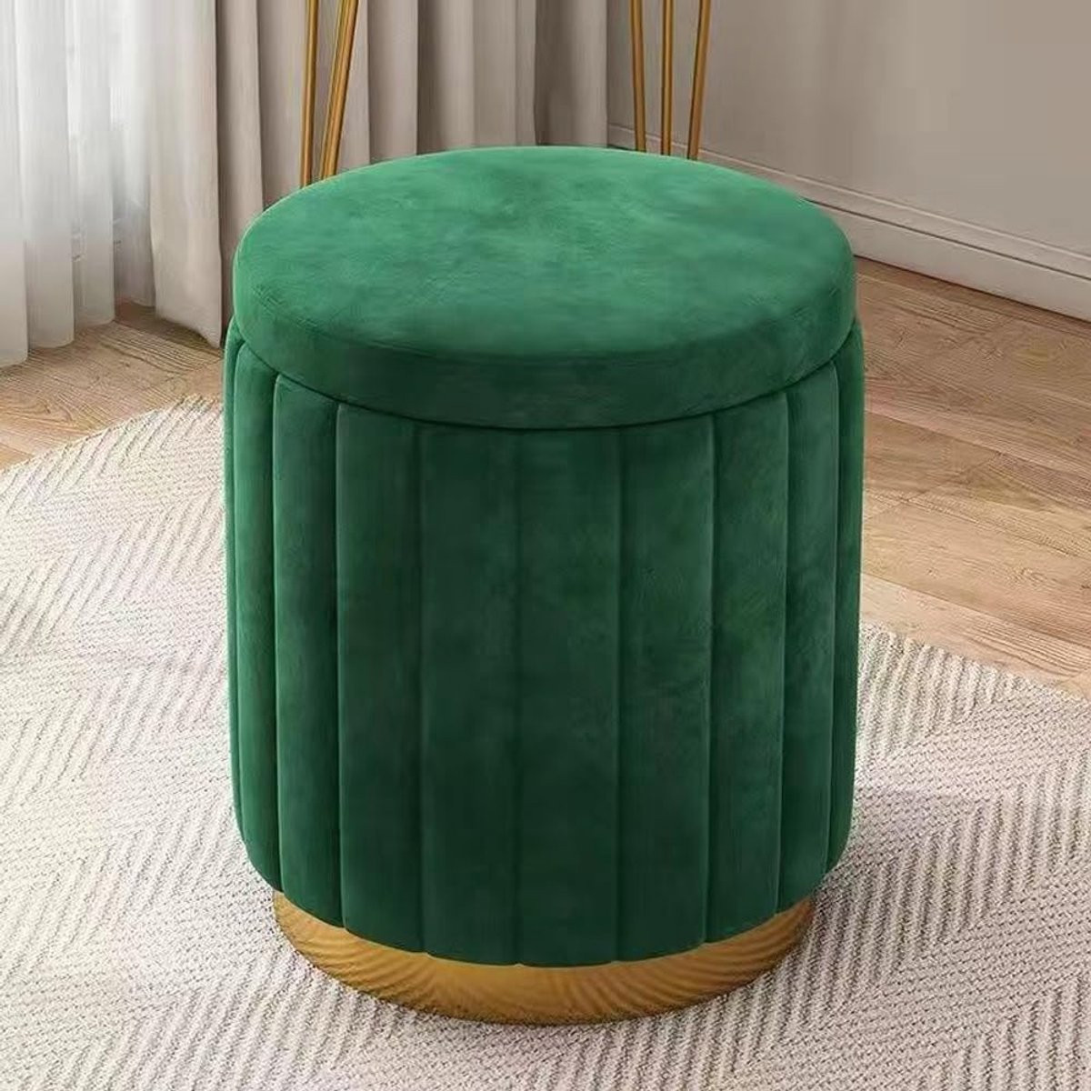 Donkergroene Fluwelen Opbergpoef met Interne Opslag - B/D/H: 33 x 43 cm