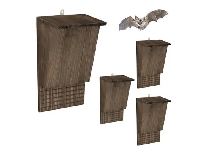 Relaxdays Fledermauskasten, 4er Set, Unterschlupf für Fledermäuse, braun