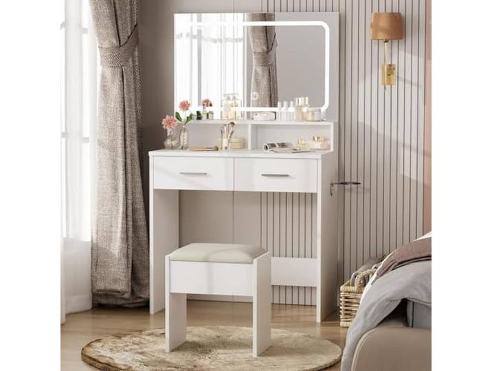 Thaookte Schminktisch Mit Spiegel Beleuchtung Frisiertisch Mit 2 Schubladen Frisiertisch Dressing Table Vanity Make Up Table mit Hocker, offene Ablage, 79x38x135cm