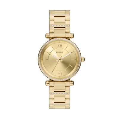 Quarzuhr FOSSIL "Carlie", gold (gelbgoldfarben, gelbgoldfarben), Armbanduhren, Damen, gelbgoldfarben, Quarzuhr, Armbanduhr, Damenuhr, Edelstahlarmband, analog, Glassteine