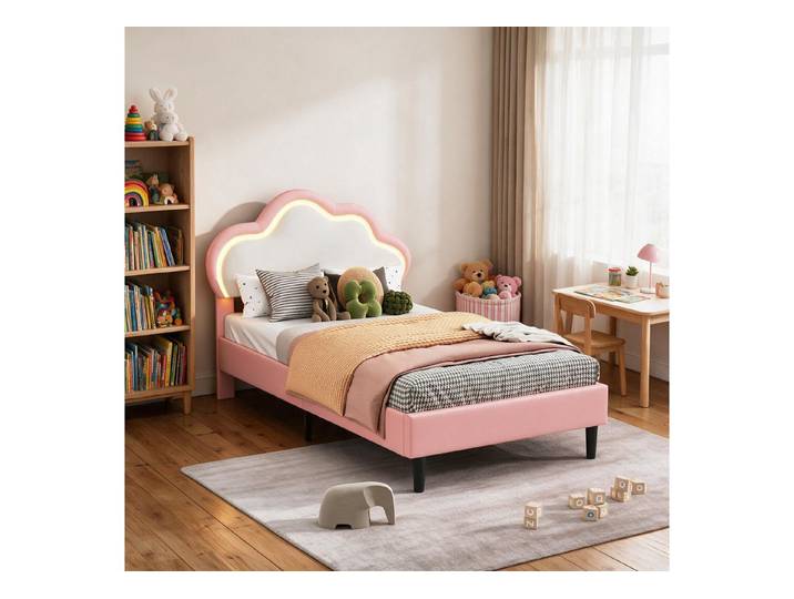 Simurq Einzelbett Gepolstertes Kinder‑Einzelbett 90x200,höhenverstellbarem Kopfteil,LED
