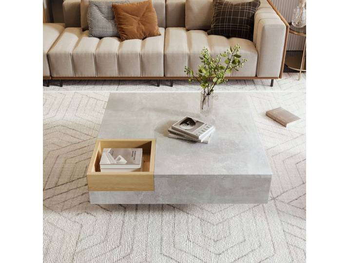 Table basse - SOGEU - 72x72x30 cm - Boîte de rangement amovible - Gris béton - Caisse bois brillant