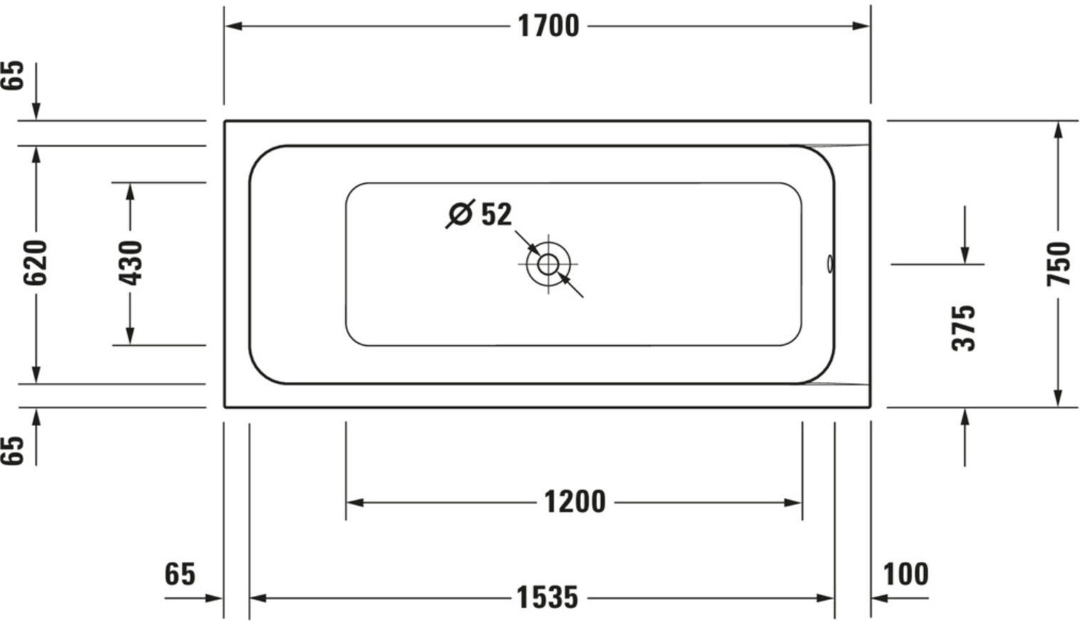 Duravit Whirlwanne D-Code 170x75cm, EB-Version, 1 RS, we., J Proj. (760099000JP1000)