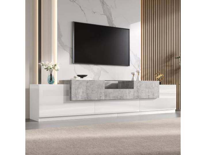 XINGNING TV-Schrank mit Schublade und Seitentüren, Offenes Fach mit Glas, Klapptür, Kabeldurchlass, Soft-Close Scharniere