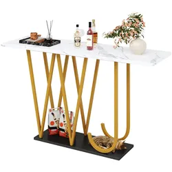 MODFU Konsolentisch 120x30x80 cm Weiß mit Marmoroptik Flurtisch mit Ablagehohlraum, MDF Tischplatte, Metallbeine Gold, Bodenplatte Schwarz