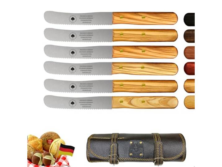 Solingen Messer 6er Set mit Wellenschliff inkl. hochwertiger Ledertasche, edler Holzgriff, Premium Buckelmesser, Frühstücksmesser, Brötchenmesser, rostfreie Klinge, extra scharfes Küchenmesser