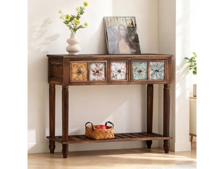 Schmaler Massivholz Konsolentisch mit Schubladen für Flur & Wohnzimmer Massivholzbeine, stabiler Stand, platzsparendes Design, schnelle Montage, vielseitig(Brown-Patterned,31.9in*11.8in)