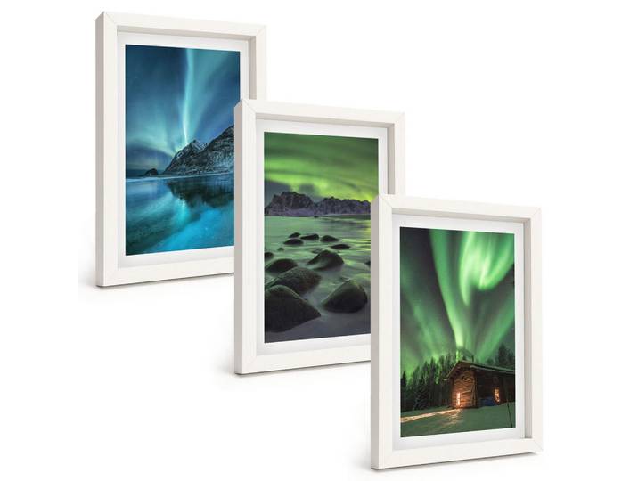 Tulup Bilder SET 3er Set - 20x30 cm Weißer Rahmen - Winterlandschaften, Nordlichter, Berge, Kunststoff, Rechteckig, 20x30 cm, Fotografie, Bilder & Rahmen, Bilder