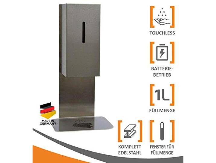 MyMAXXI Mobiler Hand Desinfektionsmittelspender Sensor Steel Tisch & Tresen Edelstahl Set 1x 1L Desinfektionsmittel stehend automatisch touchless Disinfection Desinfektionsspender Standfuß