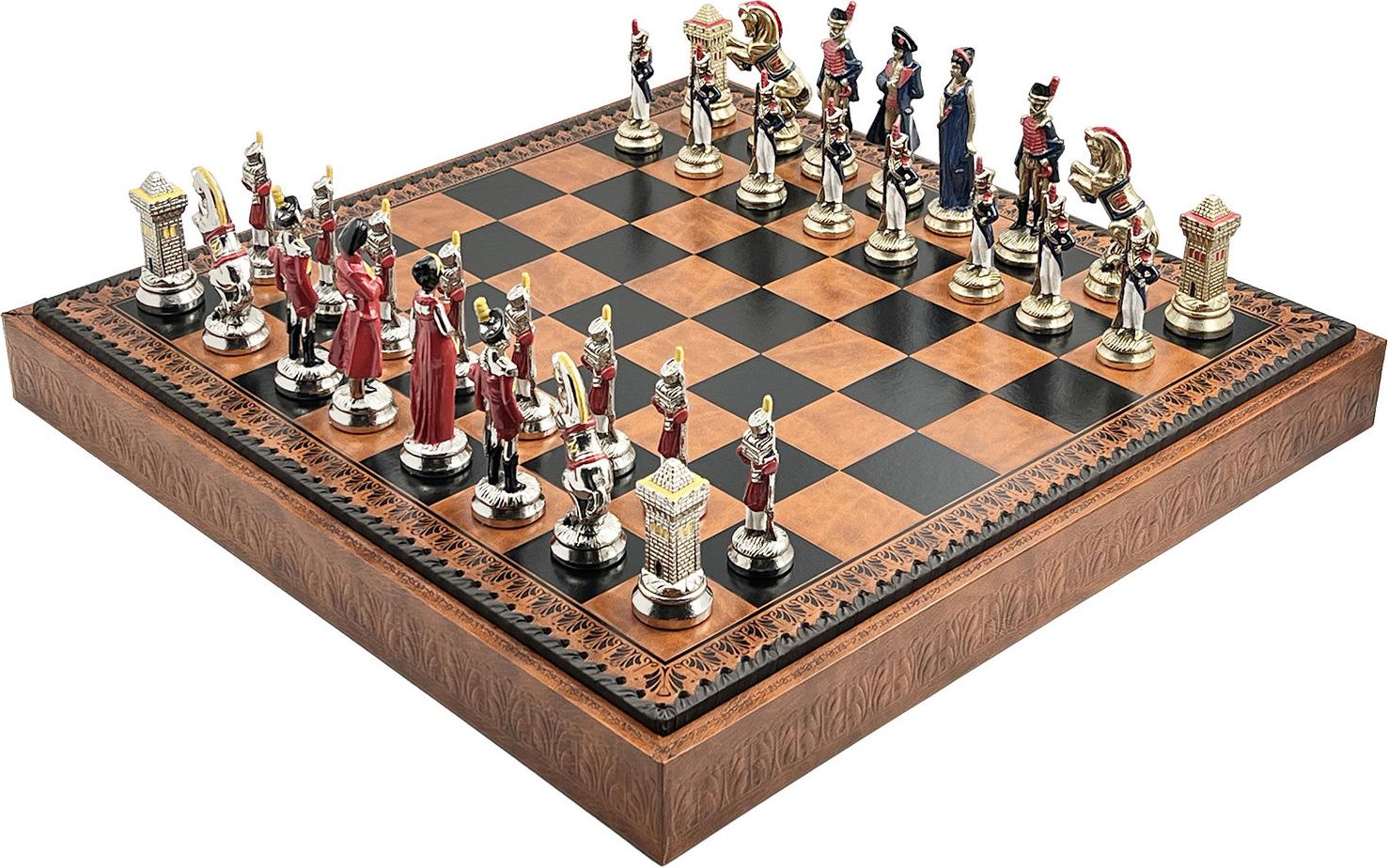 Italienische Schachfiguren Napaleone + Schachbrett aus Kunstleder braun/schwarz 48
