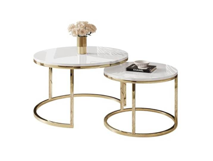 lukmebel Couchtisch rund 2er Set - CIRI 2in1 - Beistelltisch rund - Kaffetisch - Industrial Deko - Deko Wohnzimmer - Kleiner Beistelltisch - Sofatisch - Couchtisch Weiß Hochglanz