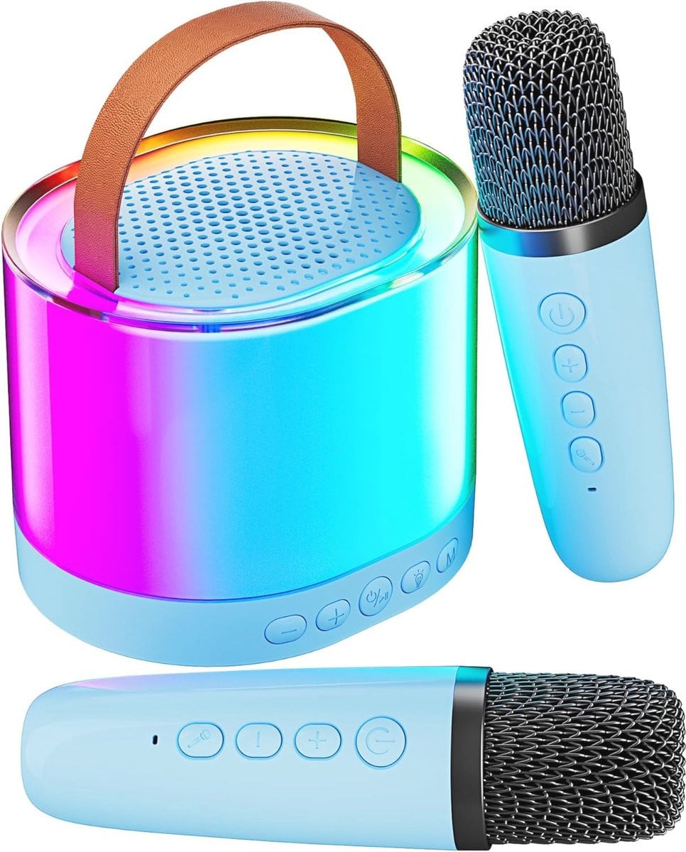 Draagbare karaoke-machine met draadloze microfoons en Bluetooth luidspreker met lichteffecten - Blauw