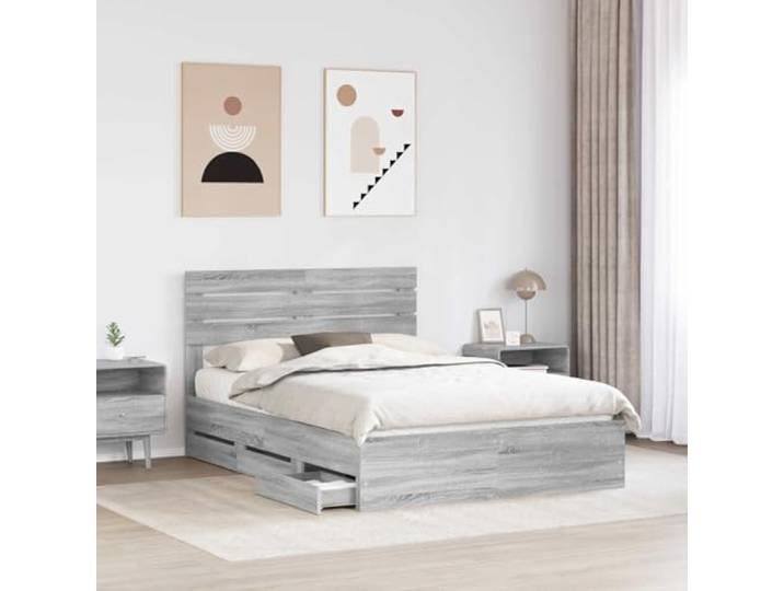 SKTQYQO Bettgestell grau Sonoma 150 x 200 cm Technisches Holz, 6 Schubladen, feste Latten, selbsttragend, einfache Reinigung